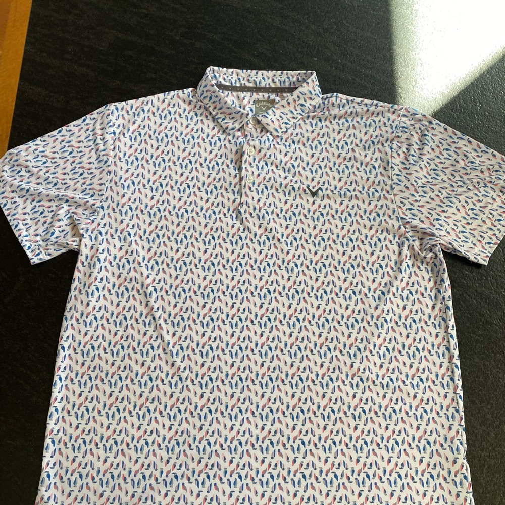 Callaway Opti-Dri Men’s XL Golf Polo White/Blue/Pink Graphic Moisture Wicking